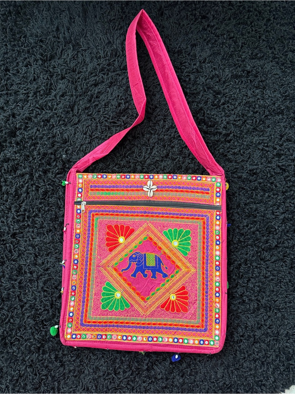 Big Pink Embroidered Elephant Crossbody Bag